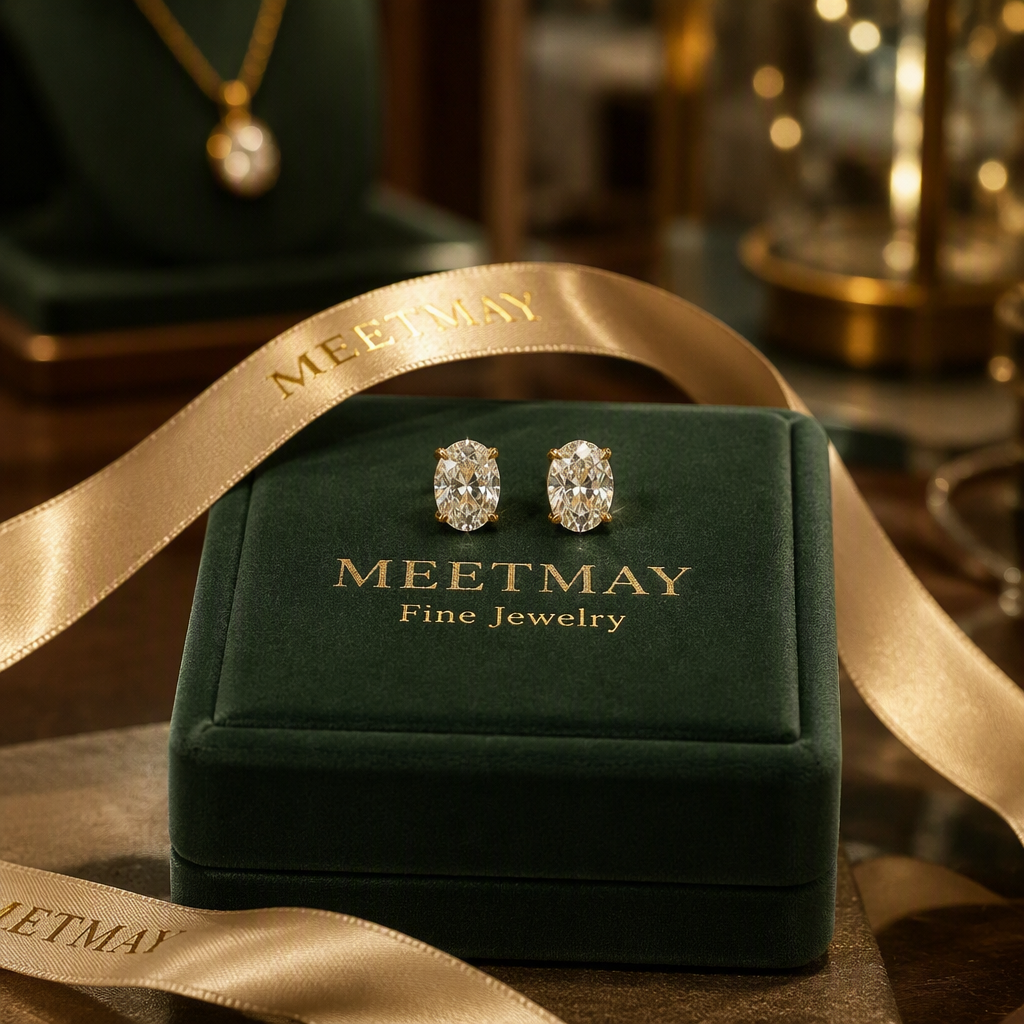 MEETMAY | Oval-Cut Moissanite Stud Earrings – S925 Sterling Silver 18K Gold Plated, GRA Certified