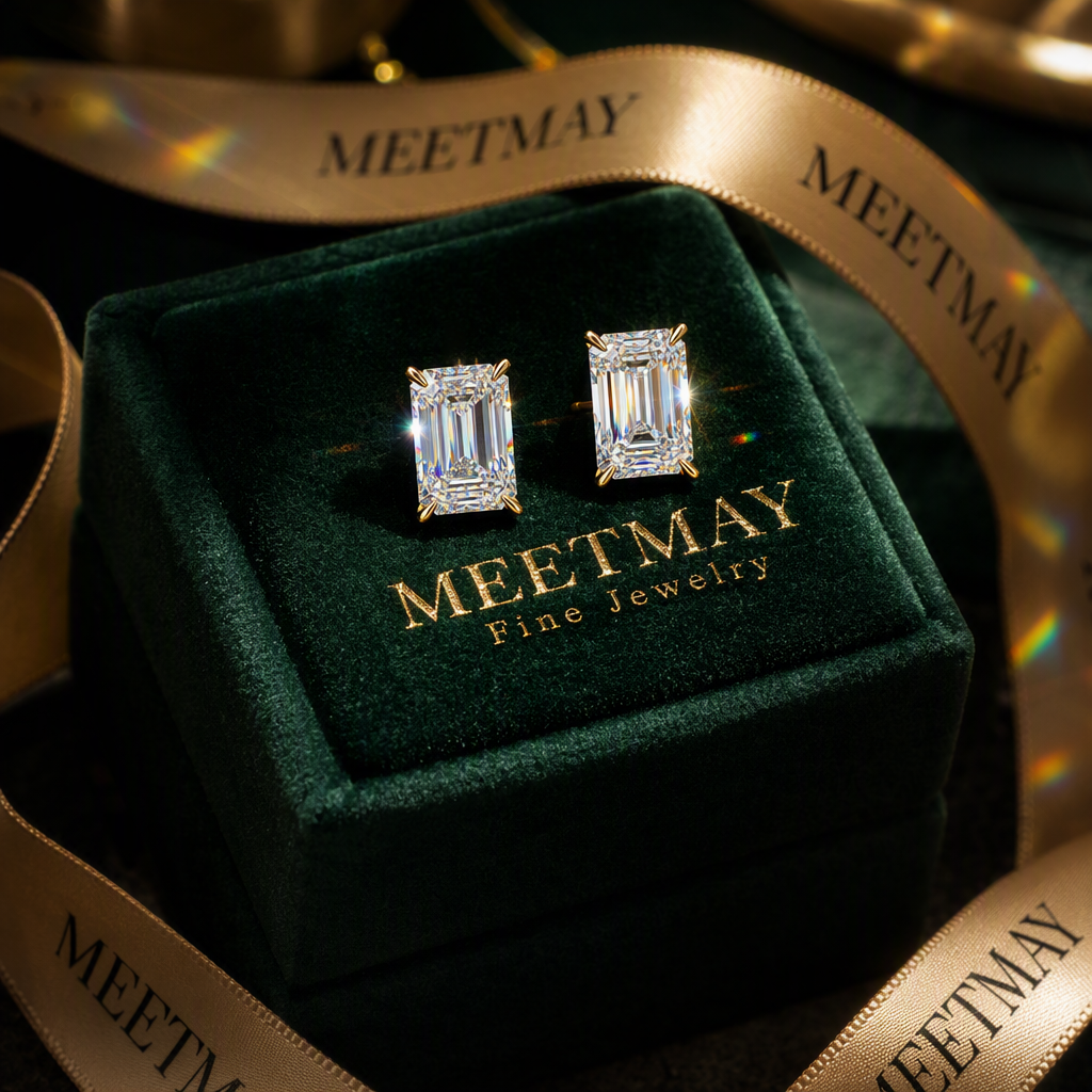 MEETMAY | Emerald-Cut Moissanite Stud Earrings – S925 Sterling Silver, GRA Certified