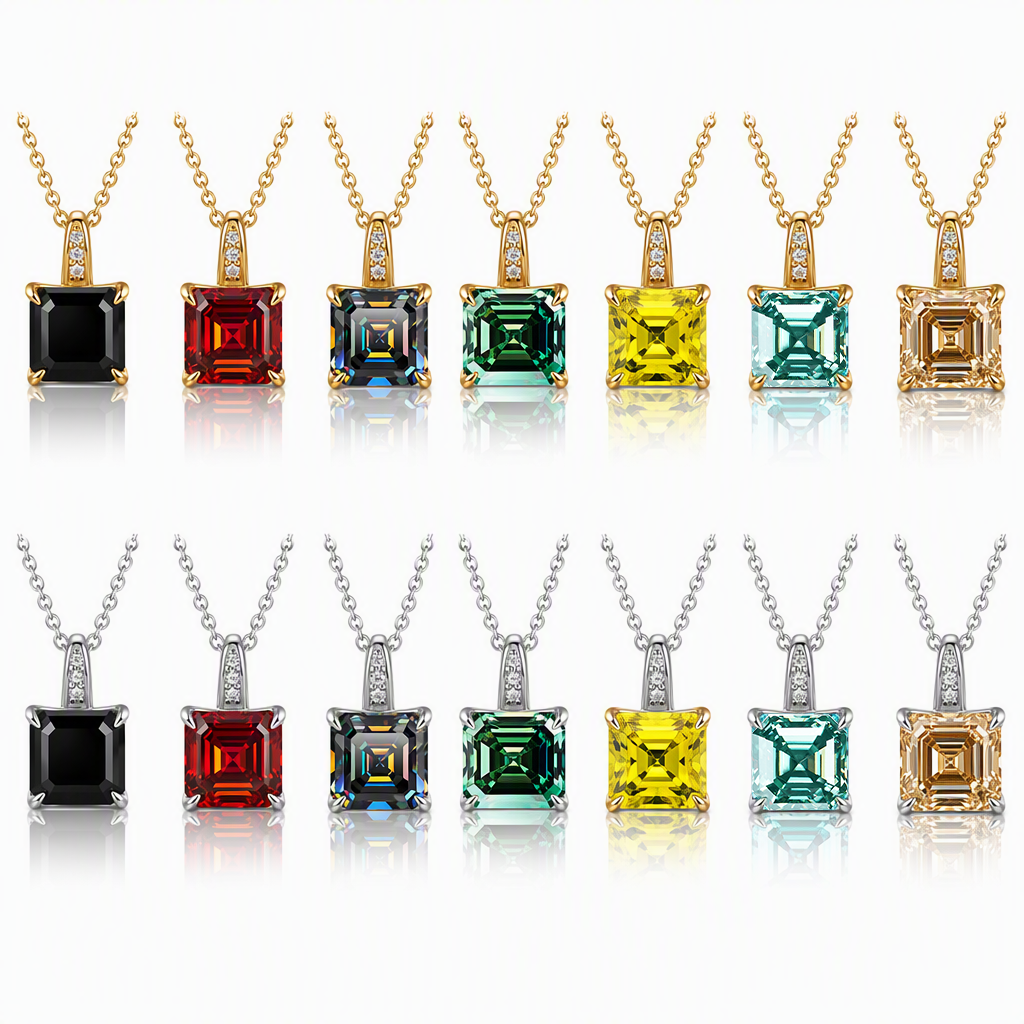 MEETMAY | Colorful Asscher-Cut Moissanite Pendant Necklace – S925 Sterling Silver 18K Gold Plated, GRA Certified