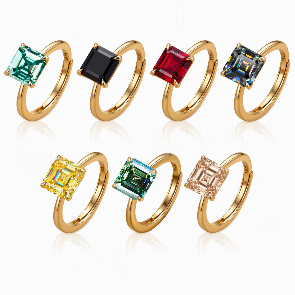 MEETMAY | Colorful Asscher-Cut Moissanite Adjustable Ring – S925 Sterling Silver 18K Gold Plated, GRA Certified