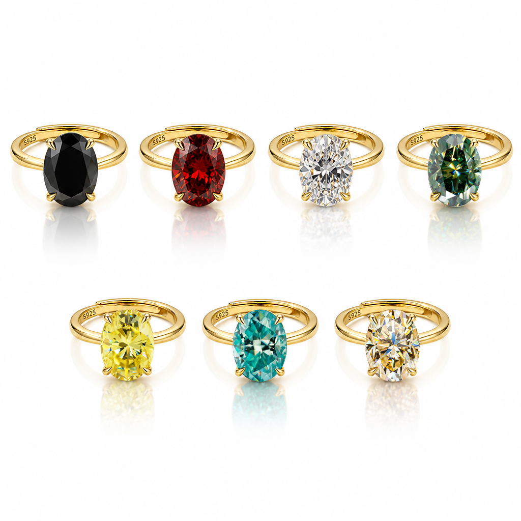 MEETMAY | Colorful Oval-Cut Moissanite Adjustable Ring – S925 Sterling Silver 18K Gold Plated, GRA Certified