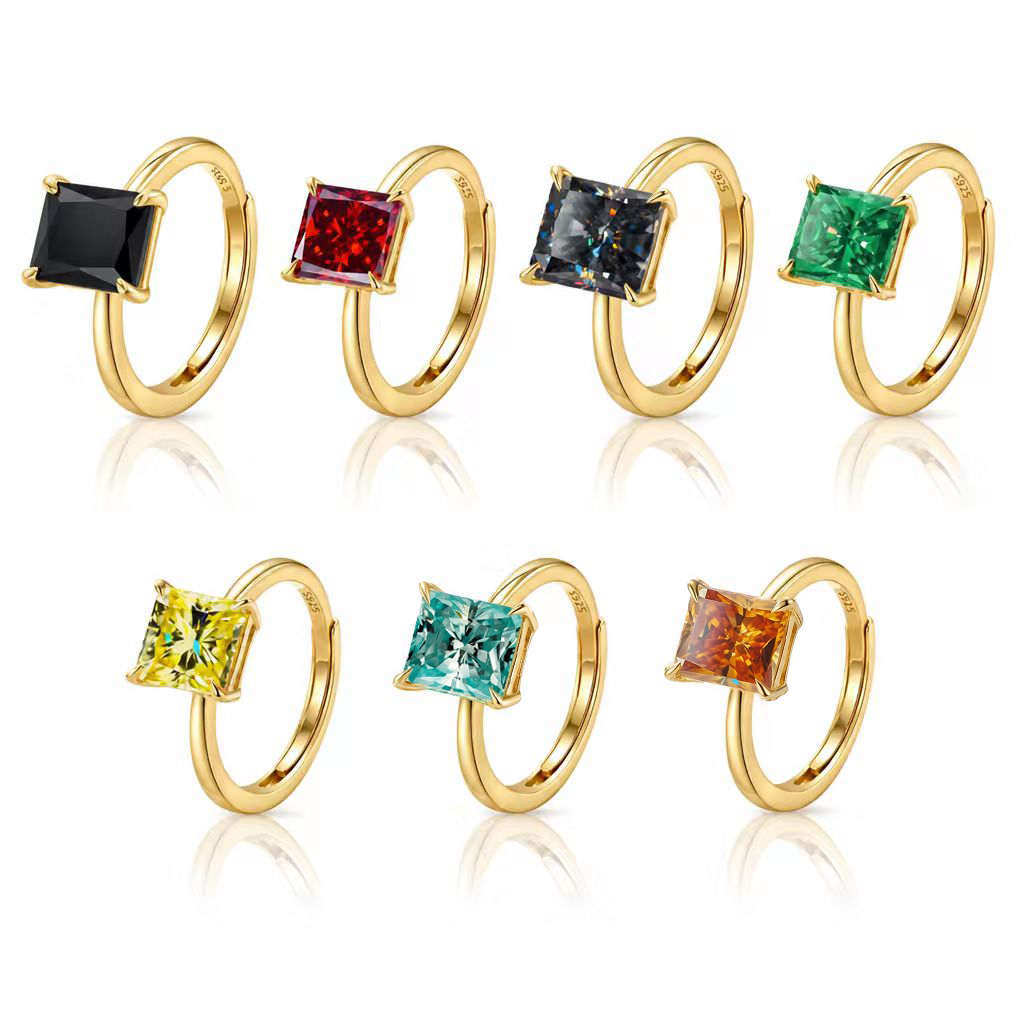 MEETMAY | Colorful Radiant-Cut Moissanite Adjustable Ring – S925 Sterling Silver 18K Gold Plated, GRA Certified