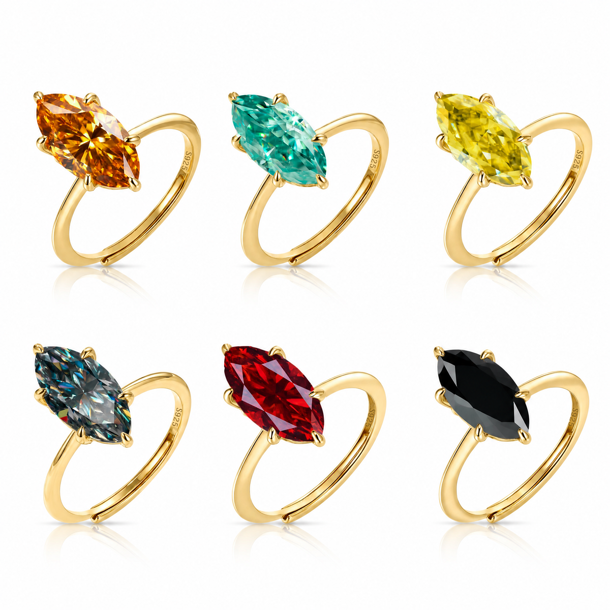 MEETMAY | Colorful Marquise-Cut Moissanite Adjustable Ring – S925 Sterling Silver 18K Gold Plated, GRA Certified