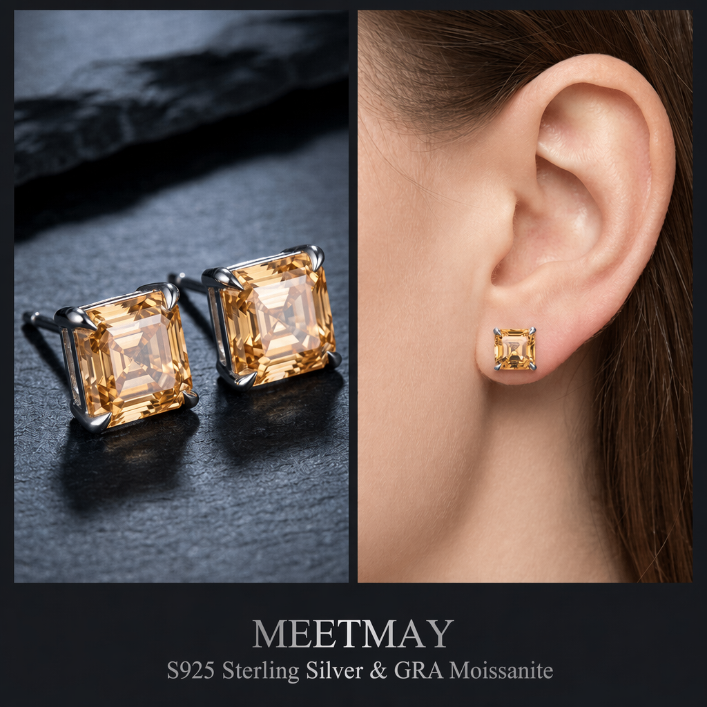 MEETMAY | Colorful Asscher-Cut Moissanite Stud Earrings – S925 Sterling Silver 18K Gold Plated, GRA Certified