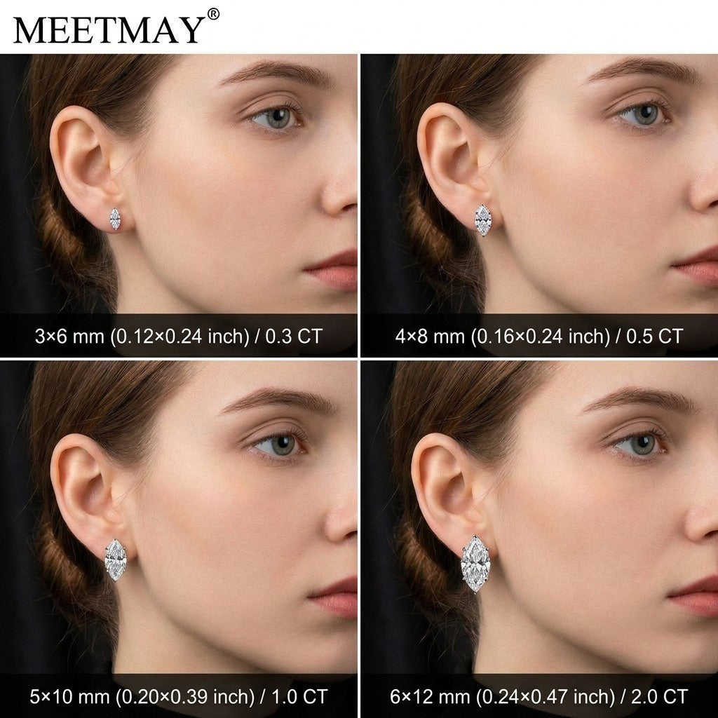 MEETMAY | Marquise-Cut Moissanite Stud Earrings – S925 Sterling Silver 18K Gold Plated, GRA Certified