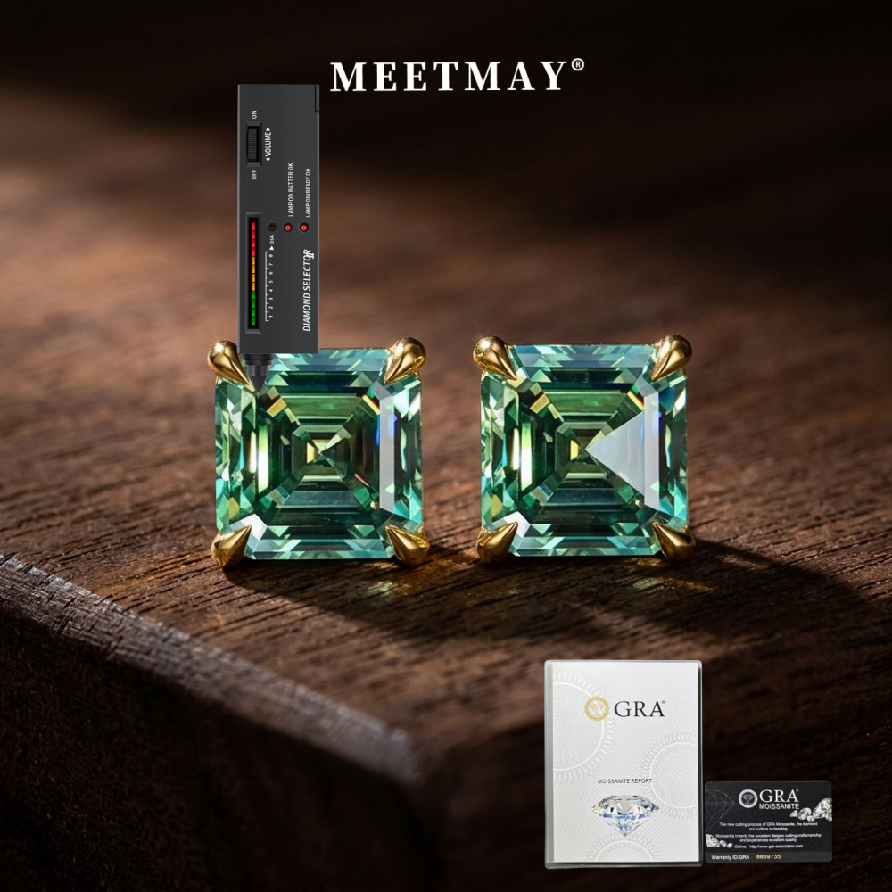 MEETMAY | Colorful Asscher-Cut Moissanite Stud Earrings – S925 Sterling Silver 18K Gold Plated, GRA Certified
