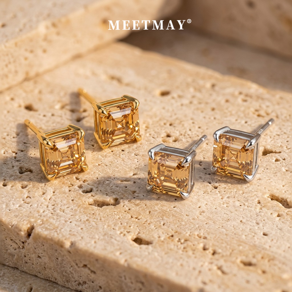 MEETMAY | Colorful Asscher-Cut Moissanite Stud Earrings – S925 Sterling Silver 18K Gold Plated, GRA Certified
