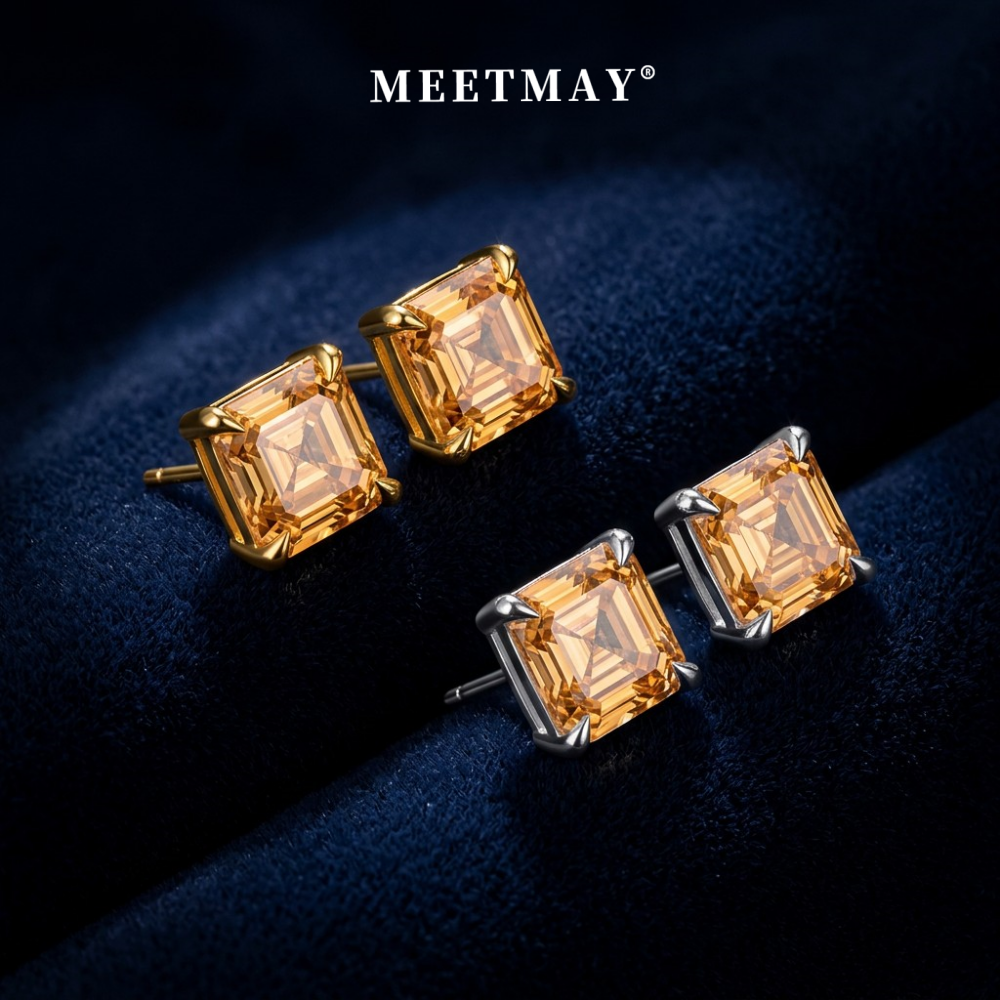 MEETMAY | Colorful Asscher-Cut Moissanite Stud Earrings – S925 Sterling Silver 18K Gold Plated, GRA Certified