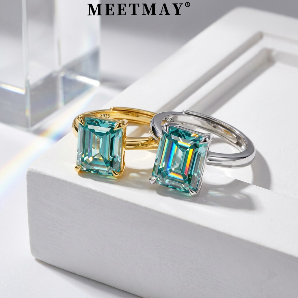 MEETMAY | Colorful Emerald-Cut Moissanite Adjustable Ring – S925 Sterling Silver 18K Gold Plated, GRA Certified