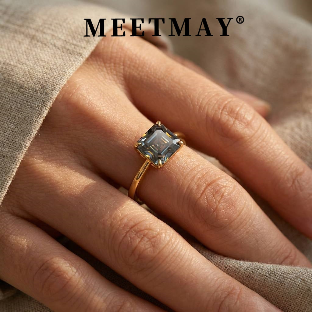 MEETMAY | Colorful Asscher-Cut Moissanite Adjustable Ring – S925 Sterling Silver 18K Gold Plated, GRA Certified