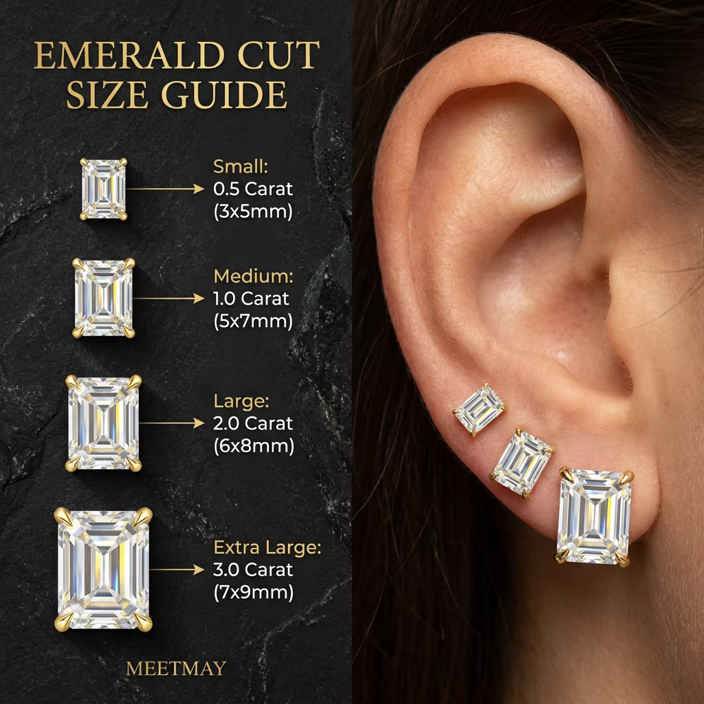 MEETMAY | Emerald-Cut Moissanite Stud Earrings – S925 Sterling Silver, GRA Certified