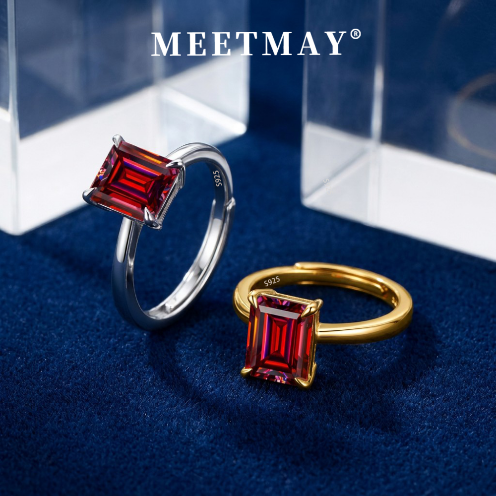 MEETMAY | Colorful Emerald-Cut Moissanite Adjustable Ring – S925 Sterling Silver 18K Gold Plated, GRA Certified