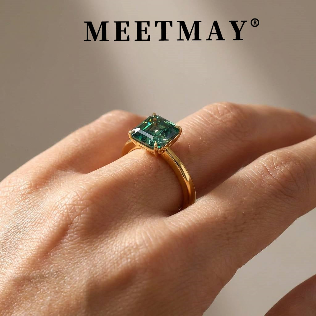 MEETMAY | Colorful Asscher-Cut Moissanite Adjustable Ring – S925 Sterling Silver 18K Gold Plated, GRA Certified