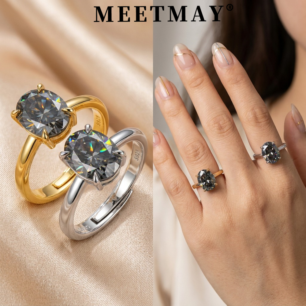 MEETMAY | Colorful Oval-Cut Moissanite Adjustable Ring – S925 Sterling Silver 18K Gold Plated, GRA Certified