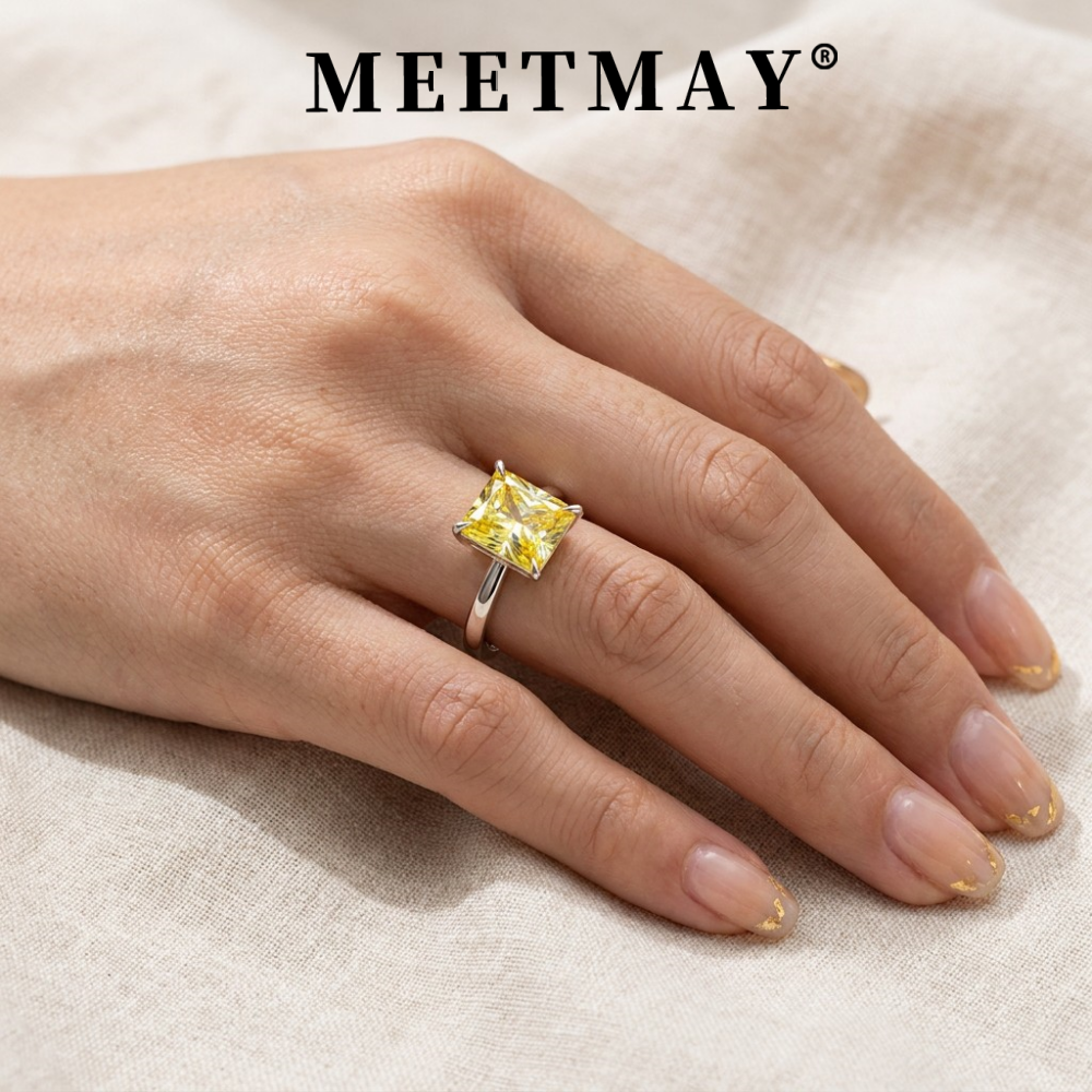 MEETMAY | Colorful Radiant-Cut Moissanite Adjustable Ring – S925 Sterling Silver 18K Gold Plated, GRA Certified