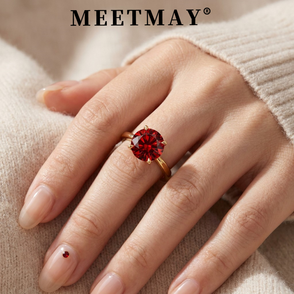MEETMAY | Colorful Round-Cut Moissanite Adjustable Ring – S925 Sterling Silver 18K Gold Plated, GRA Certified