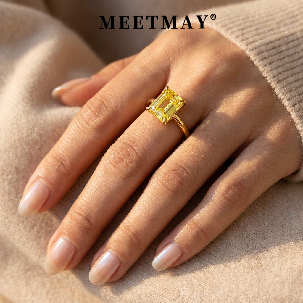 MEETMAY | Colorful Emerald-Cut Moissanite Adjustable Ring – S925 Sterling Silver 18K Gold Plated, GRA Certified