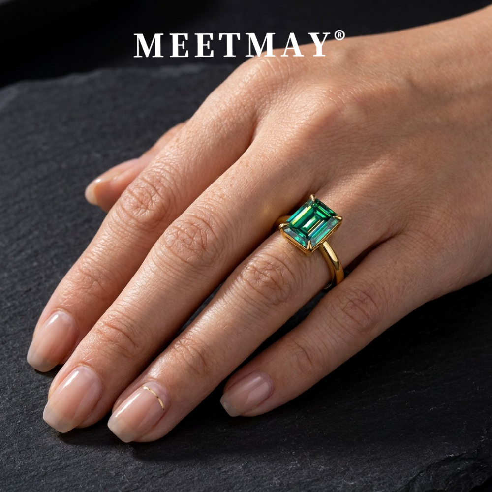 MEETMAY | Colorful Emerald-Cut Moissanite Adjustable Ring – S925 Sterling Silver 18K Gold Plated, GRA Certified