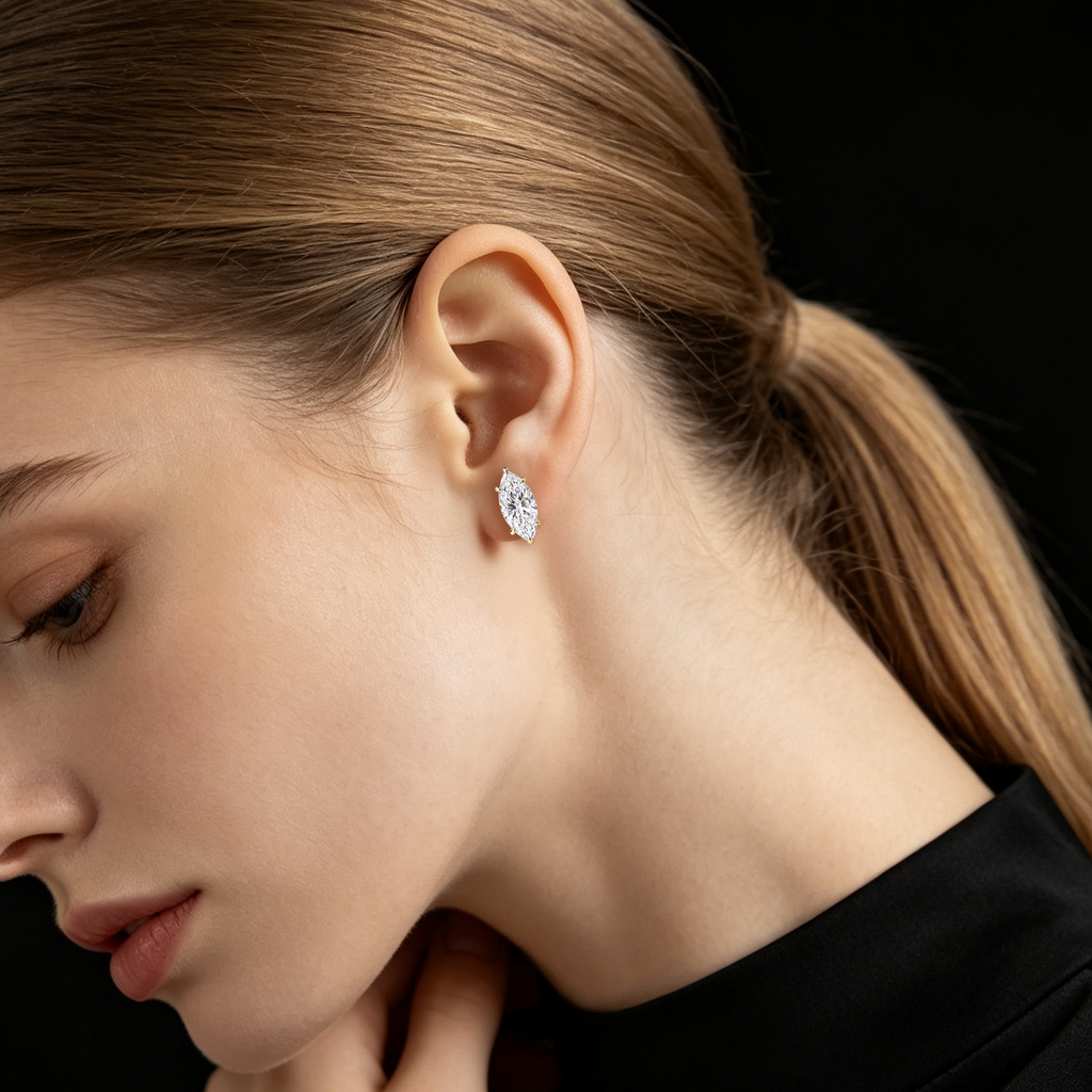 MEETMAY | Marquise-Cut Moissanite Stud Earrings – S925 Sterling Silver 18K Gold Plated, GRA Certified