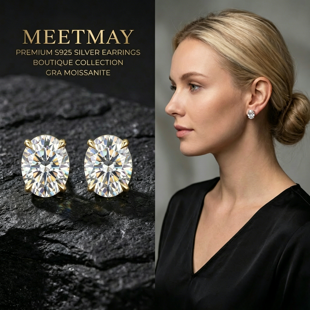 MEETMAY | Oval-Cut Moissanite Stud Earrings – S925 Sterling Silver 18K Gold Plated, GRA Certified