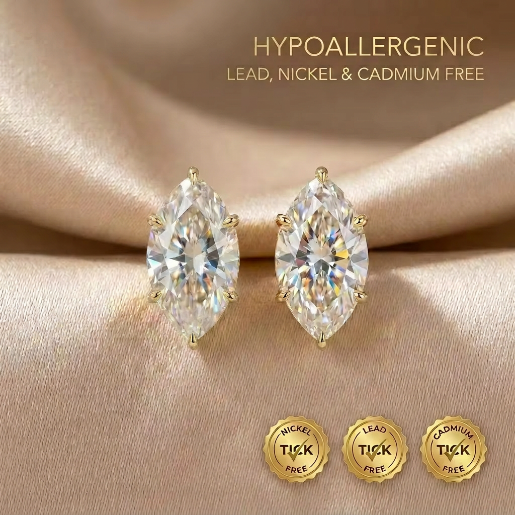 MEETMAY | Marquise-Cut Moissanite Stud Earrings – S925 Sterling Silver 18K Gold Plated, GRA Certified