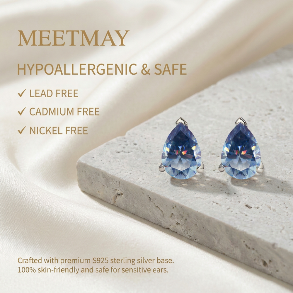 MEETMAY | Colorful Pear-Cut Moissanite Stud Earrings – S925 Sterling Silver 18K Gold Plated, GRA Certified