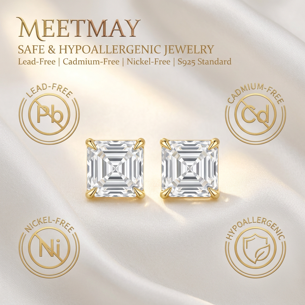 MEETMAY | Asscher-Cut D-Color Moissanite Stud Earrings – S925 Sterling Silver 18K Gold Plated, GRA Certified