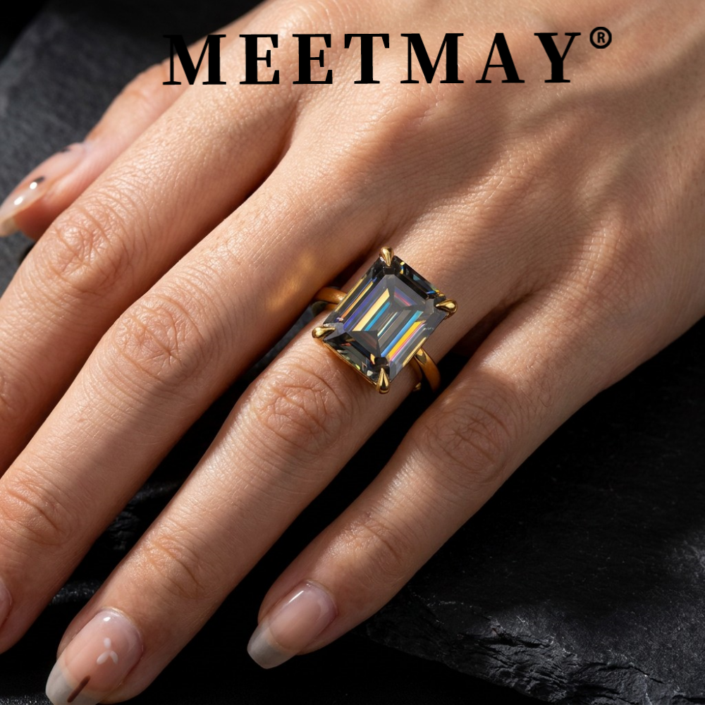 MEETMAY | Colorful Emerald-Cut Moissanite Adjustable Ring – S925 Sterling Silver 18K Gold Plated, GRA Certified