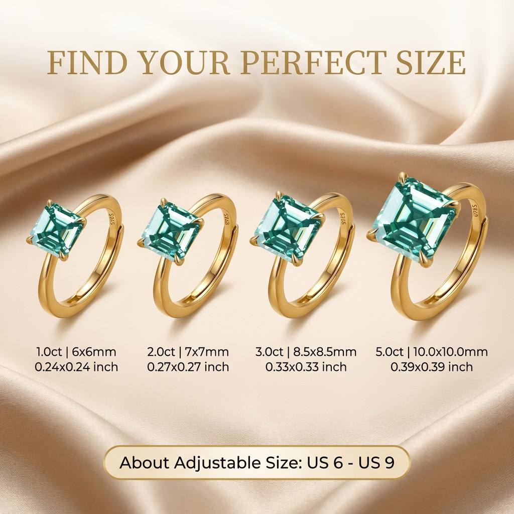 MEETMAY | Colorful Asscher-Cut Moissanite Adjustable Ring – S925 Sterling Silver 18K Gold Plated, GRA Certified
