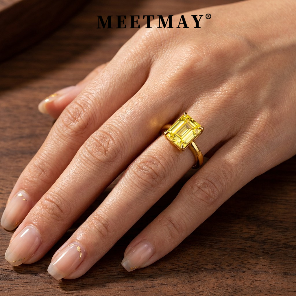 MEETMAY | Colorful Emerald-Cut Moissanite Adjustable Ring – S925 Sterling Silver 18K Gold Plated, GRA Certified