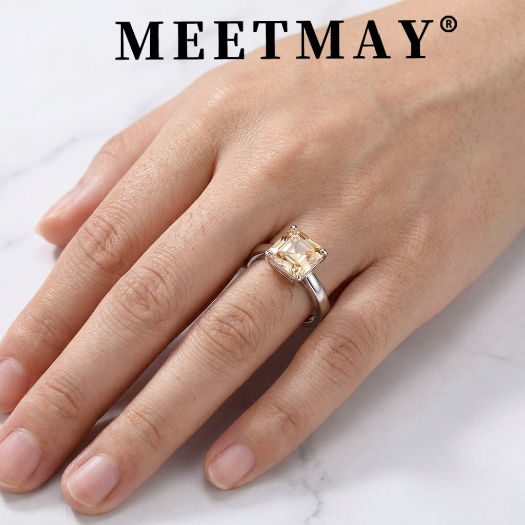 MEETMAY | Colorful Asscher-Cut Moissanite Adjustable Ring – S925 Sterling Silver 18K Gold Plated, GRA Certified