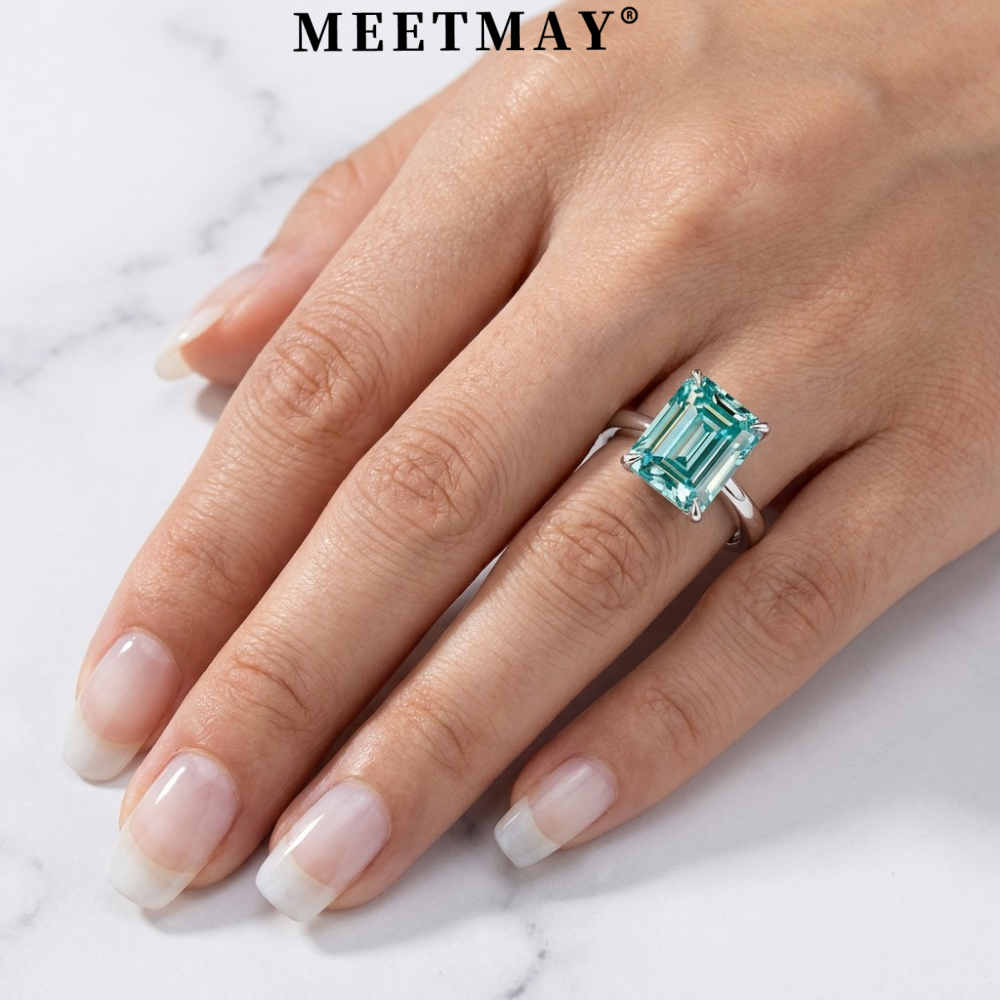MEETMAY | Colorful Emerald-Cut Moissanite Adjustable Ring – S925 Sterling Silver 18K Gold Plated, GRA Certified