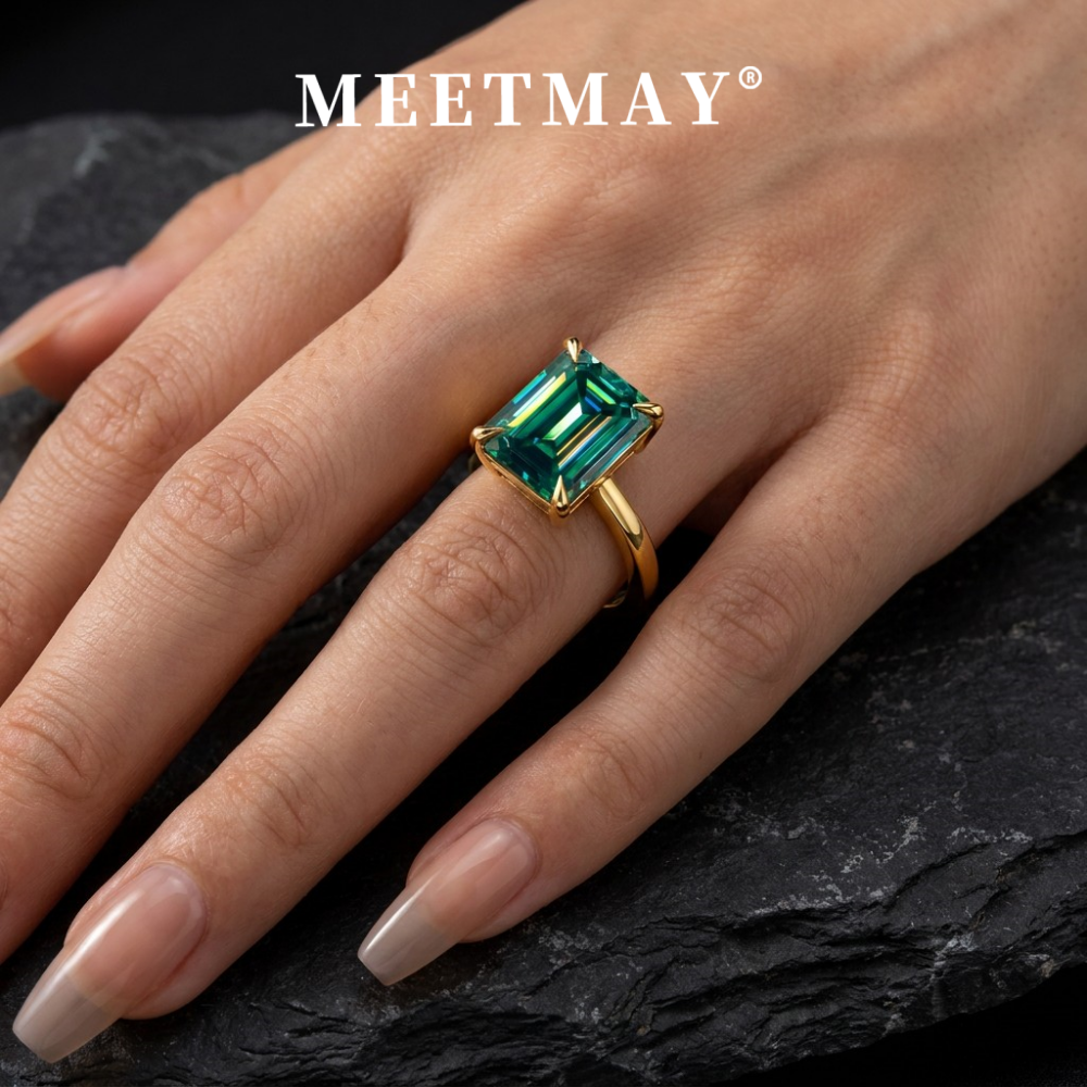 MEETMAY | Colorful Emerald-Cut Moissanite Adjustable Ring – S925 Sterling Silver 18K Gold Plated, GRA Certified