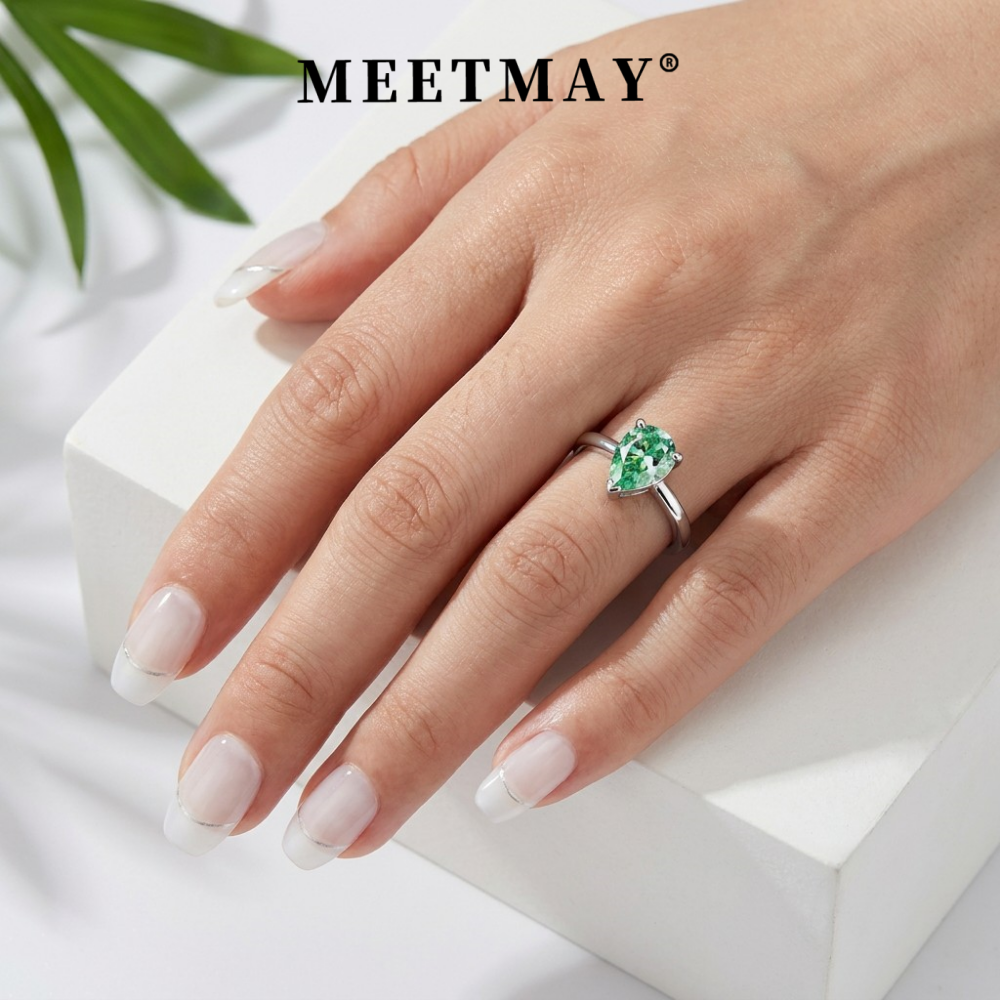MEETMAY | Colorful Pear-Cut Moissanite Adjustable Ring – S925 Sterling Silver 18K Gold Plated, GRA Certified