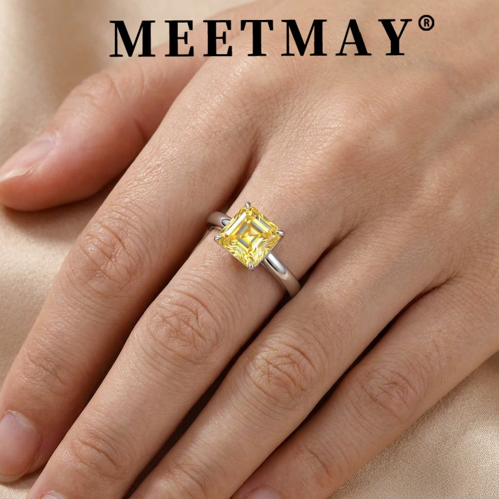 MEETMAY | Colorful Asscher-Cut Moissanite Adjustable Ring – S925 Sterling Silver 18K Gold Plated, GRA Certified