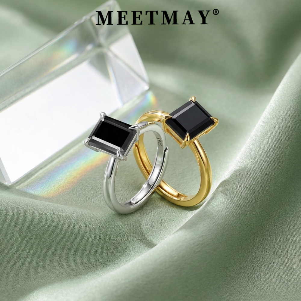 MEETMAY | Colorful Emerald-Cut Moissanite Adjustable Ring – S925 Sterling Silver 18K Gold Plated, GRA Certified