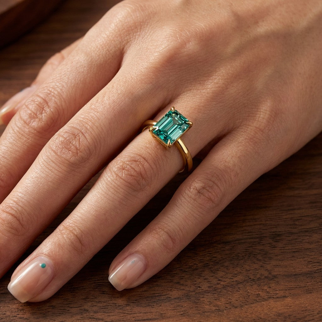 MEETMAY | Colorful Emerald-Cut Moissanite Adjustable Ring – S925 Sterling Silver 18K Gold Plated, GRA Certified