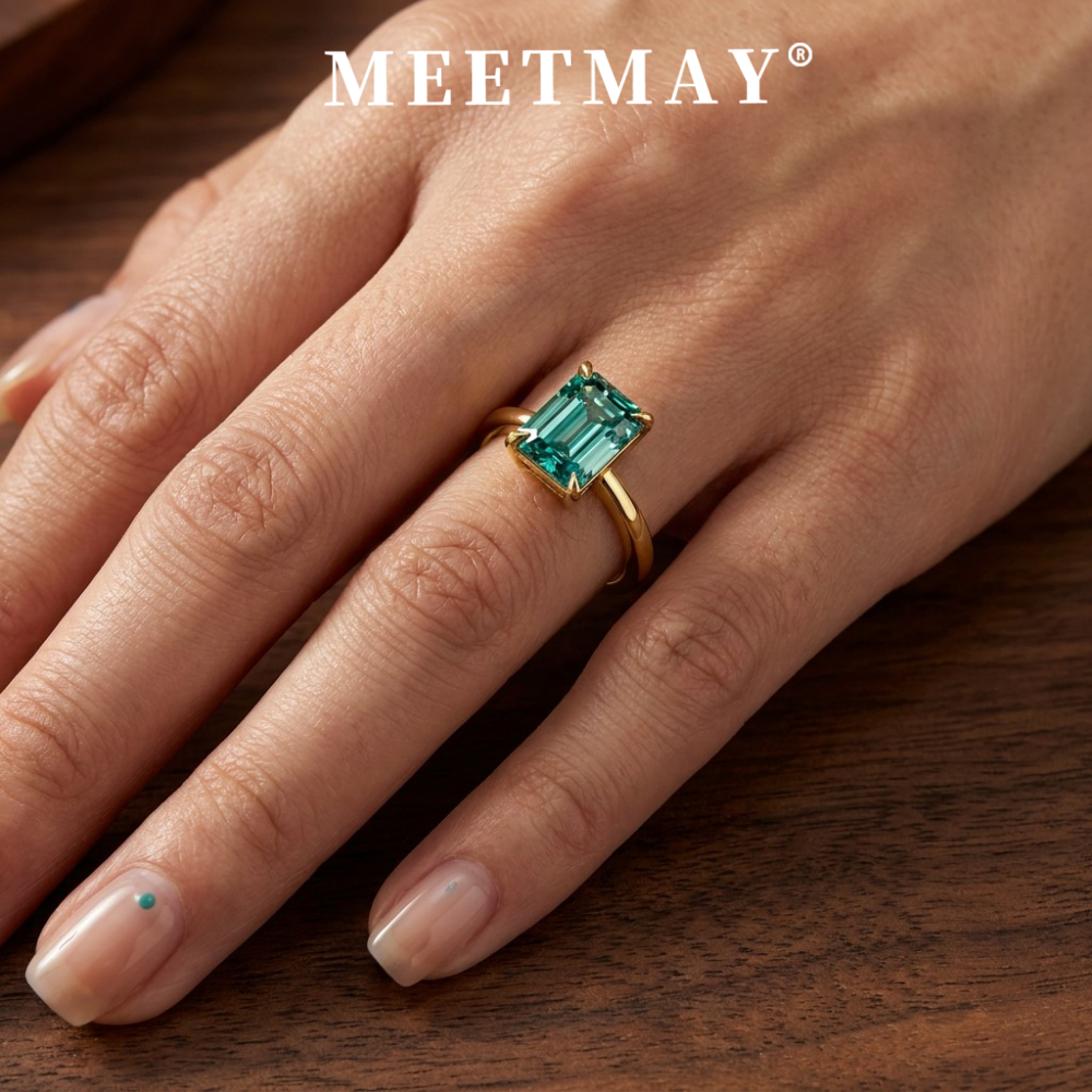 MEETMAY | Colorful Emerald-Cut Moissanite Adjustable Ring – S925 Sterling Silver 18K Gold Plated, GRA Certified