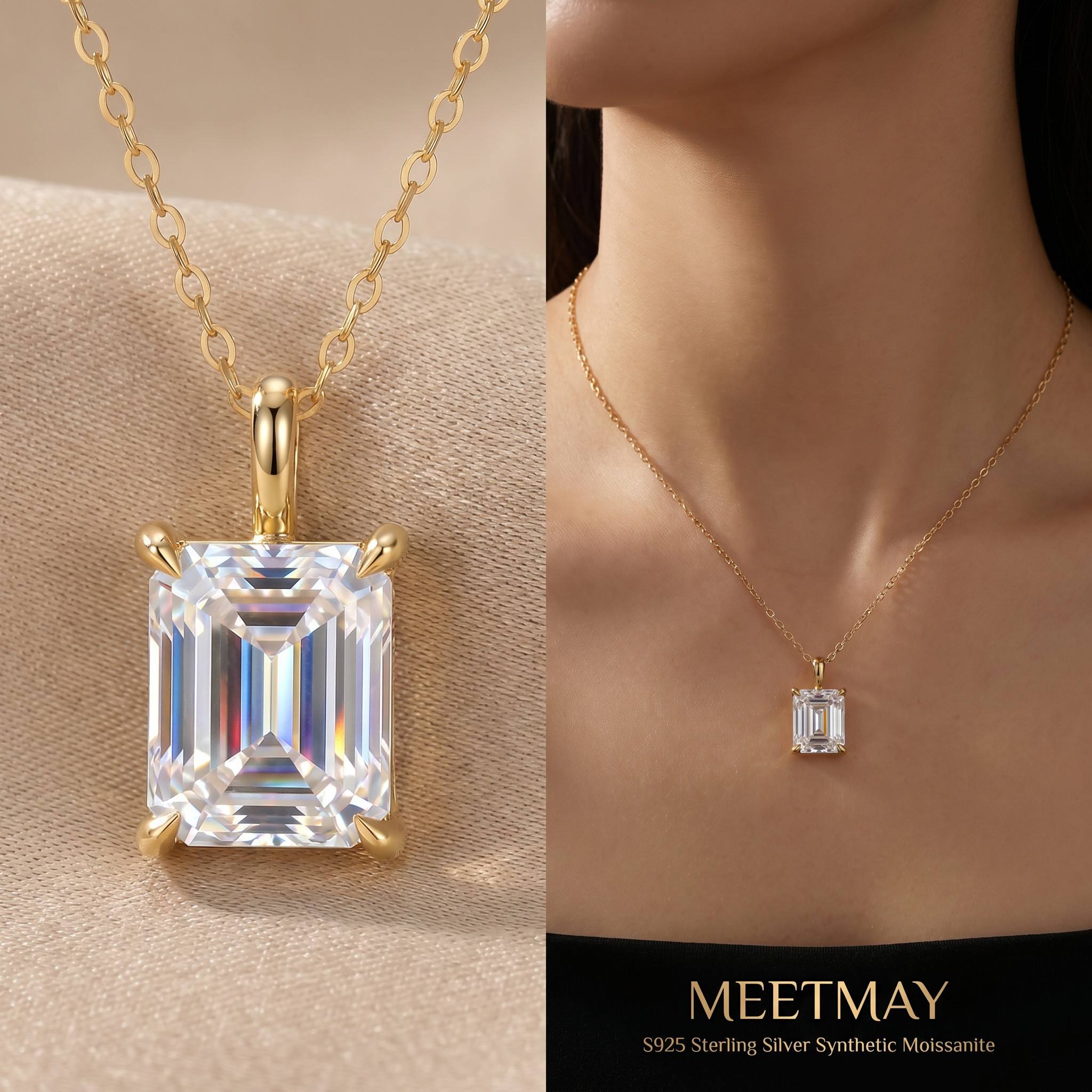 MEETMAY | Emerald-Cut Moissanite Pendant Necklace – S925 Sterling Silver 18K Gold Plated, D-Color