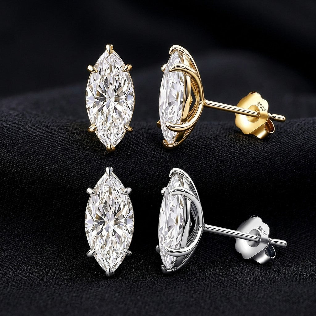 MEETMAY | Marquise-Cut Moissanite Stud Earrings – S925 Sterling Silver 18K Gold Plated, GRA Certified