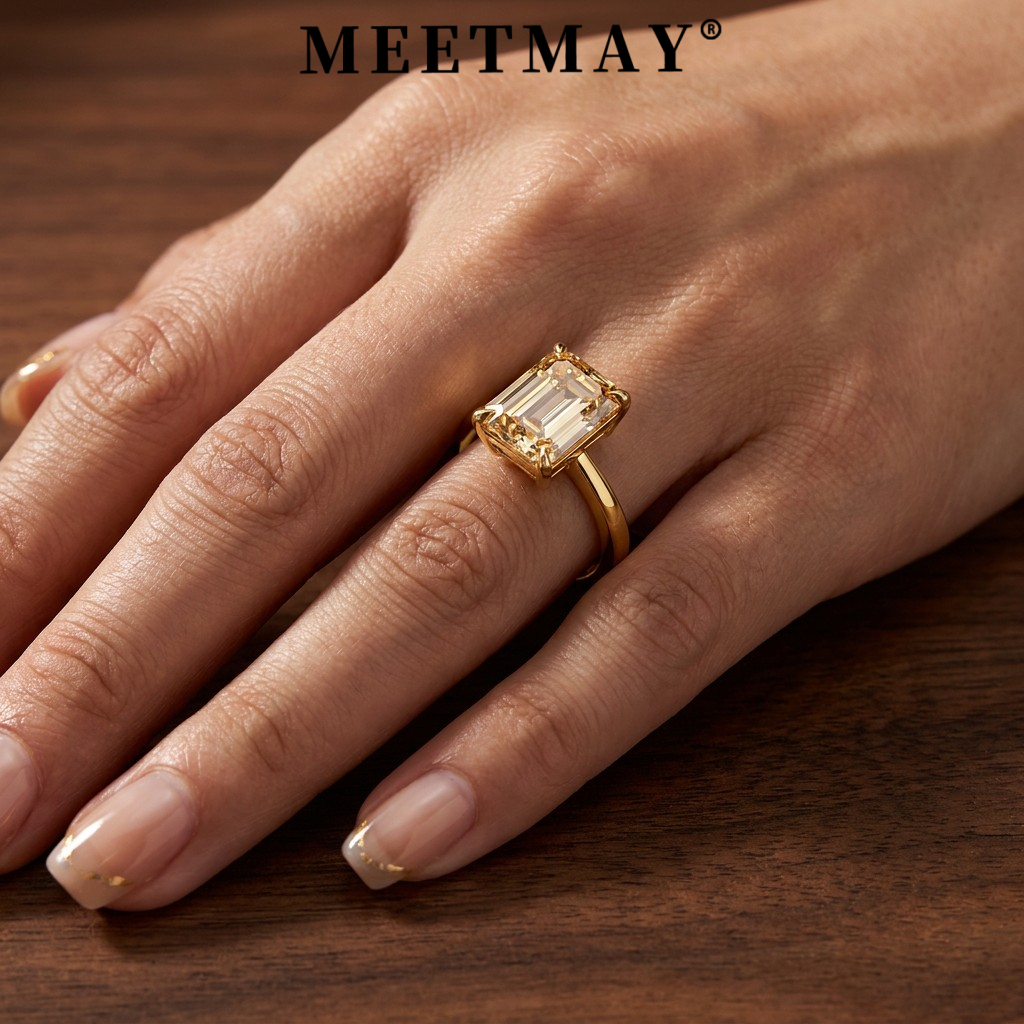 MEETMAY | Colorful Emerald-Cut Moissanite Adjustable Ring – S925 Sterling Silver 18K Gold Plated, GRA Certified