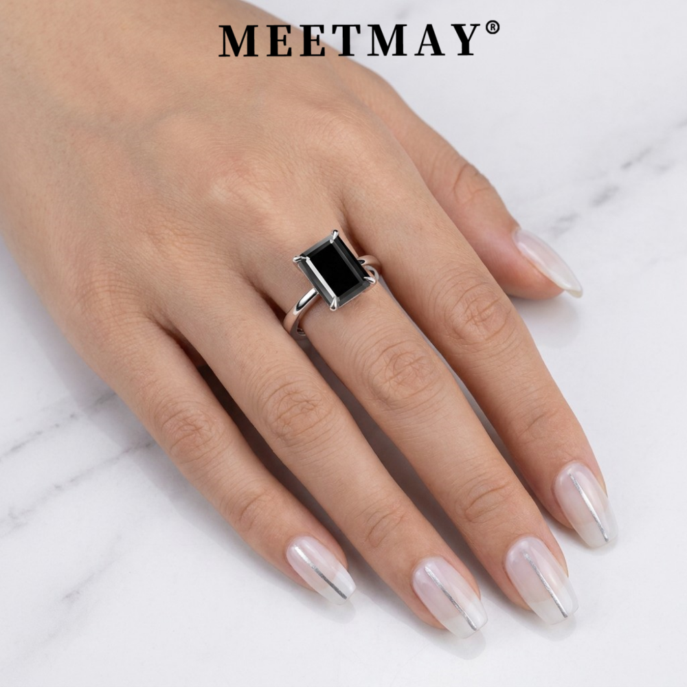 MEETMAY | Colorful Emerald-Cut Moissanite Adjustable Ring – S925 Sterling Silver 18K Gold Plated, GRA Certified