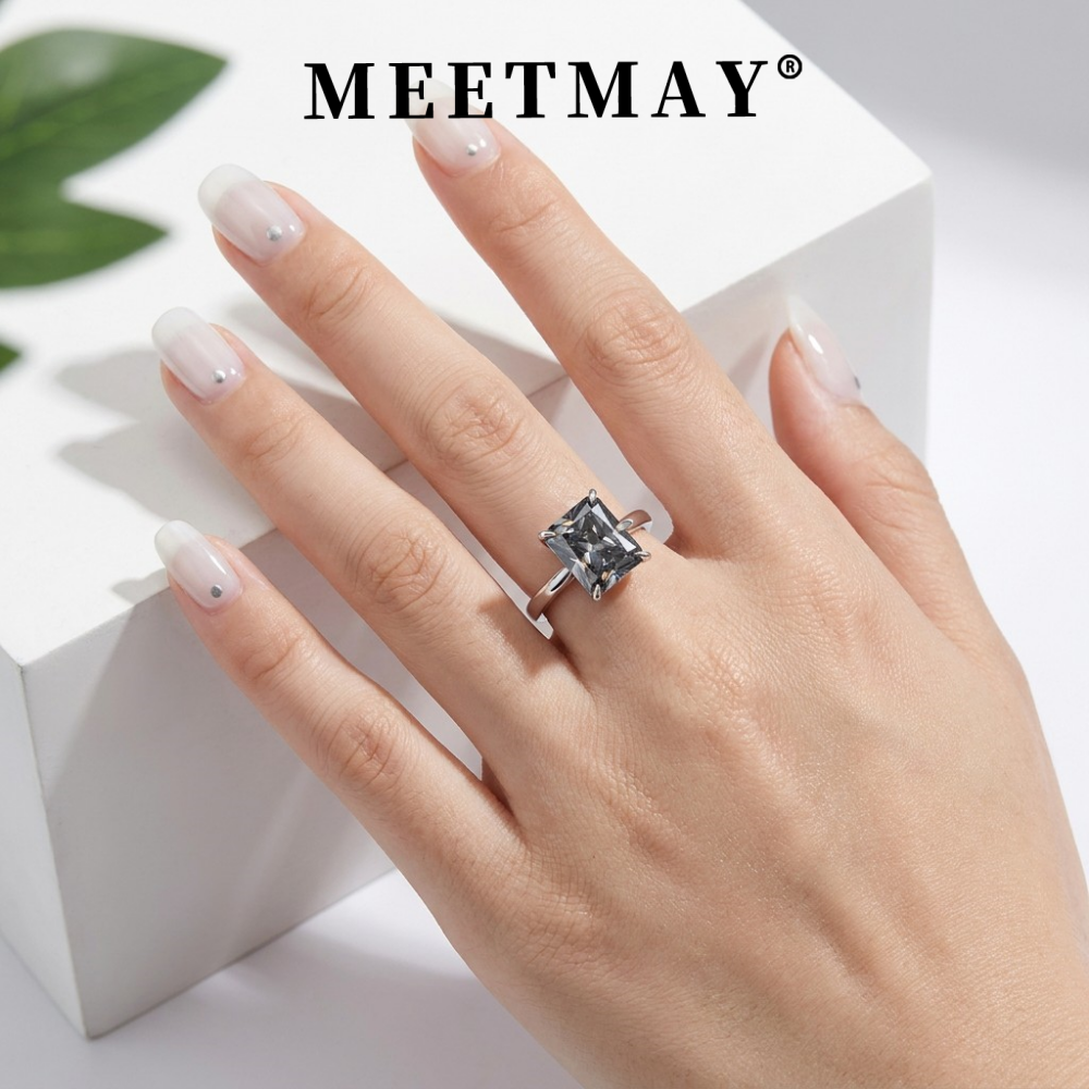 MEETMAY | Colorful Radiant-Cut Moissanite Adjustable Ring – S925 Sterling Silver 18K Gold Plated, GRA Certified