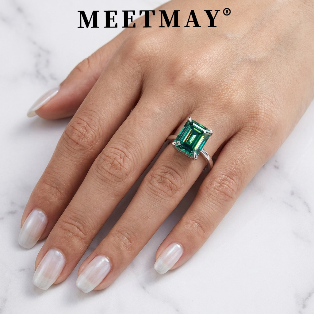 MEETMAY | Colorful Emerald-Cut Moissanite Adjustable Ring – S925 Sterling Silver 18K Gold Plated, GRA Certified