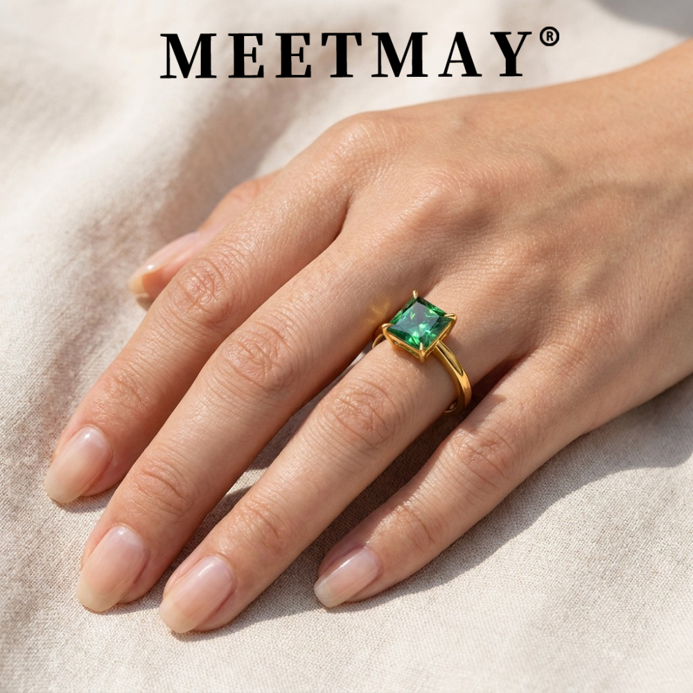 MEETMAY | Colorful Radiant-Cut Moissanite Adjustable Ring – S925 Sterling Silver 18K Gold Plated, GRA Certified