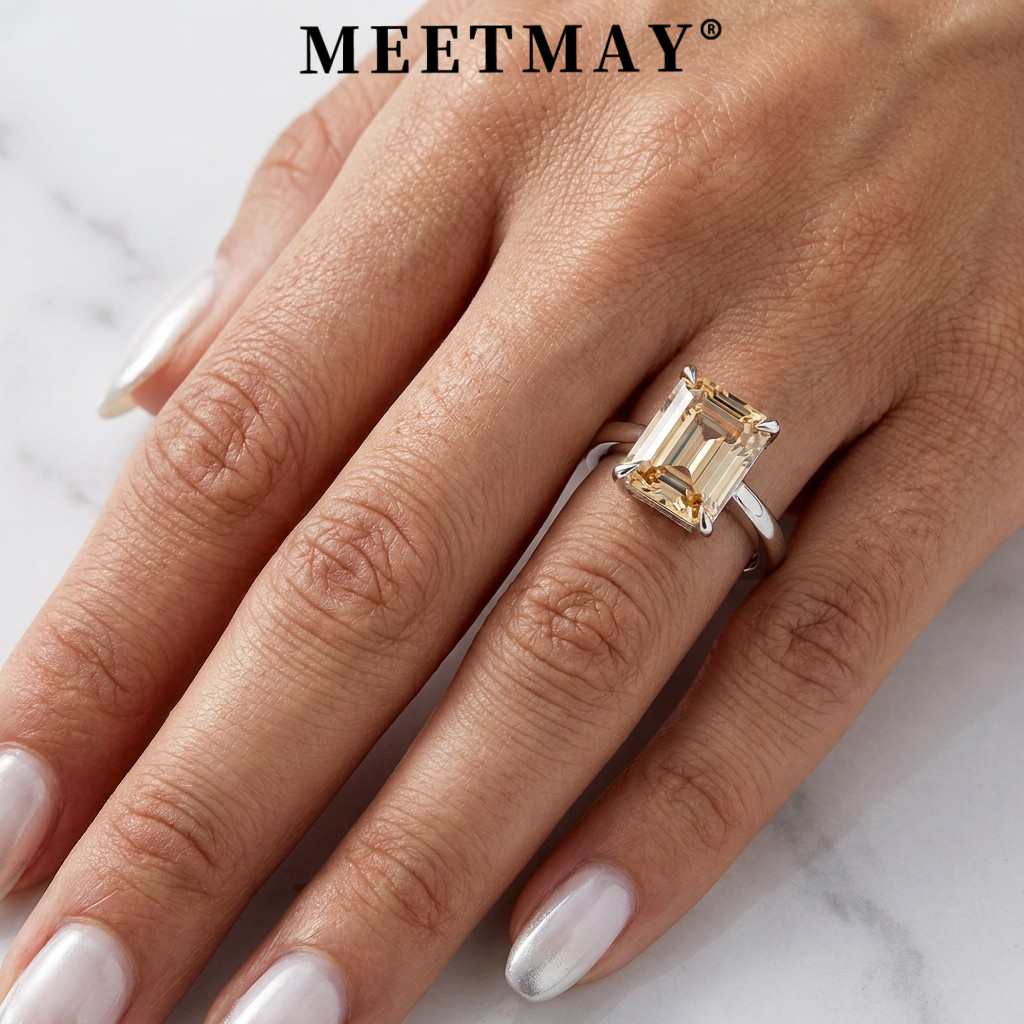 MEETMAY | Colorful Emerald-Cut Moissanite Adjustable Ring – S925 Sterling Silver 18K Gold Plated, GRA Certified