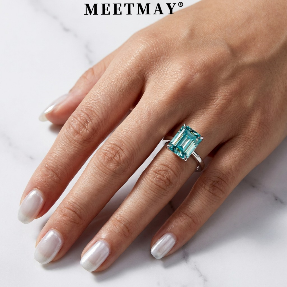 MEETMAY | Colorful Emerald-Cut Moissanite Adjustable Ring – S925 Sterling Silver 18K Gold Plated, GRA Certified
