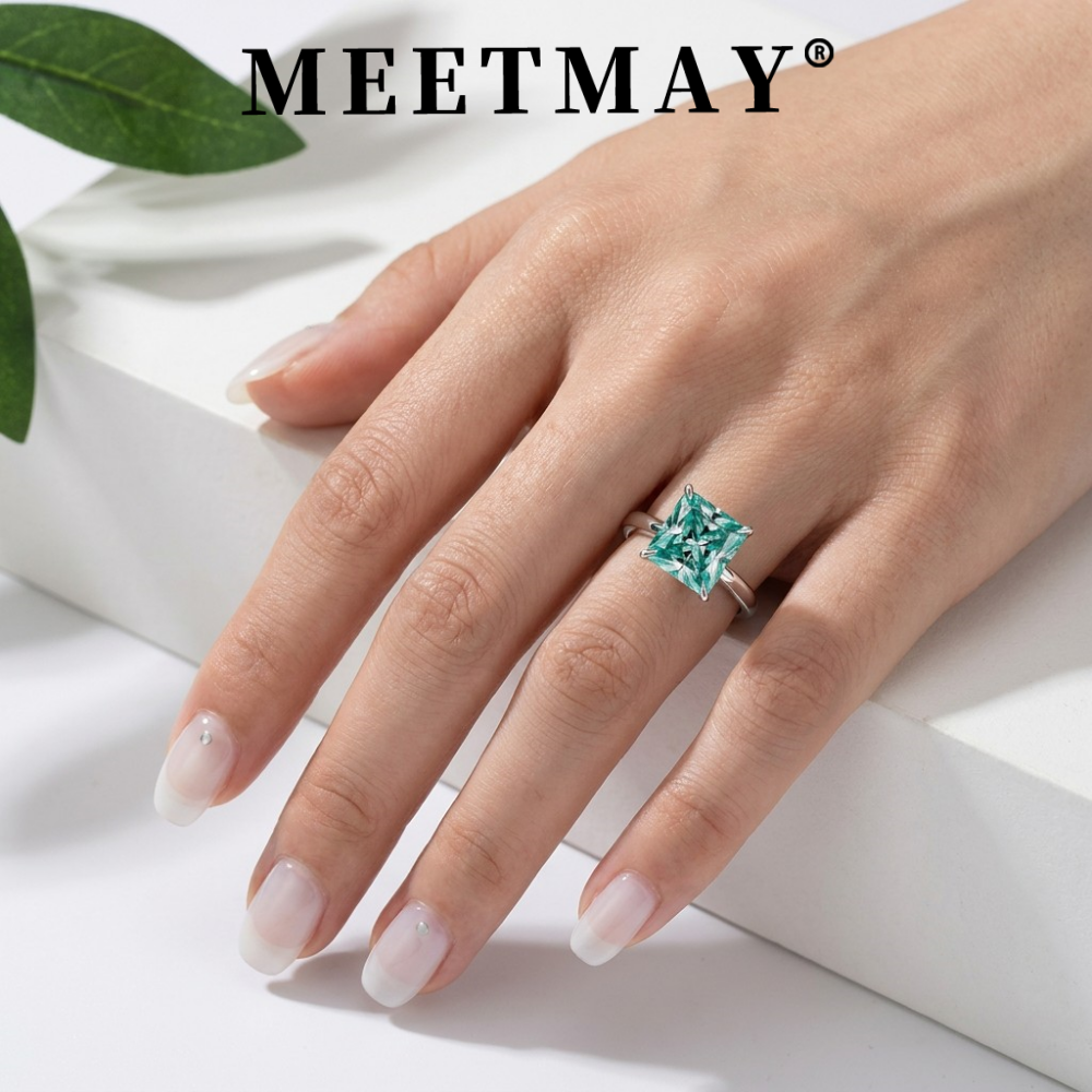 MEETMAY | Colorful Radiant-Cut Moissanite Adjustable Ring – S925 Sterling Silver 18K Gold Plated, GRA Certified