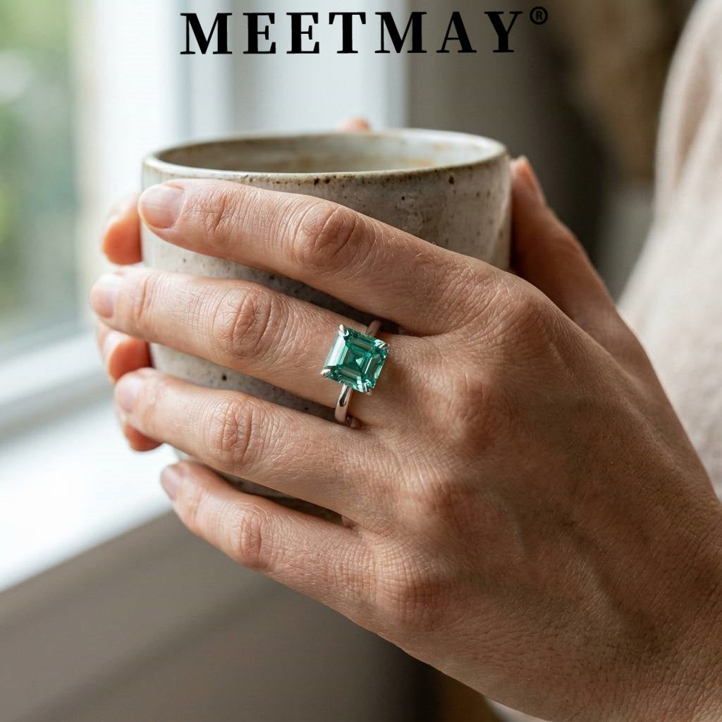 MEETMAY | Colorful Asscher-Cut Moissanite Adjustable Ring – S925 Sterling Silver 18K Gold Plated, GRA Certified