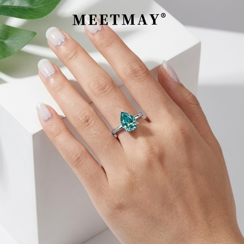 MEETMAY | Colorful Pear-Cut Moissanite Adjustable Ring – S925 Sterling Silver 18K Gold Plated, GRA Certified